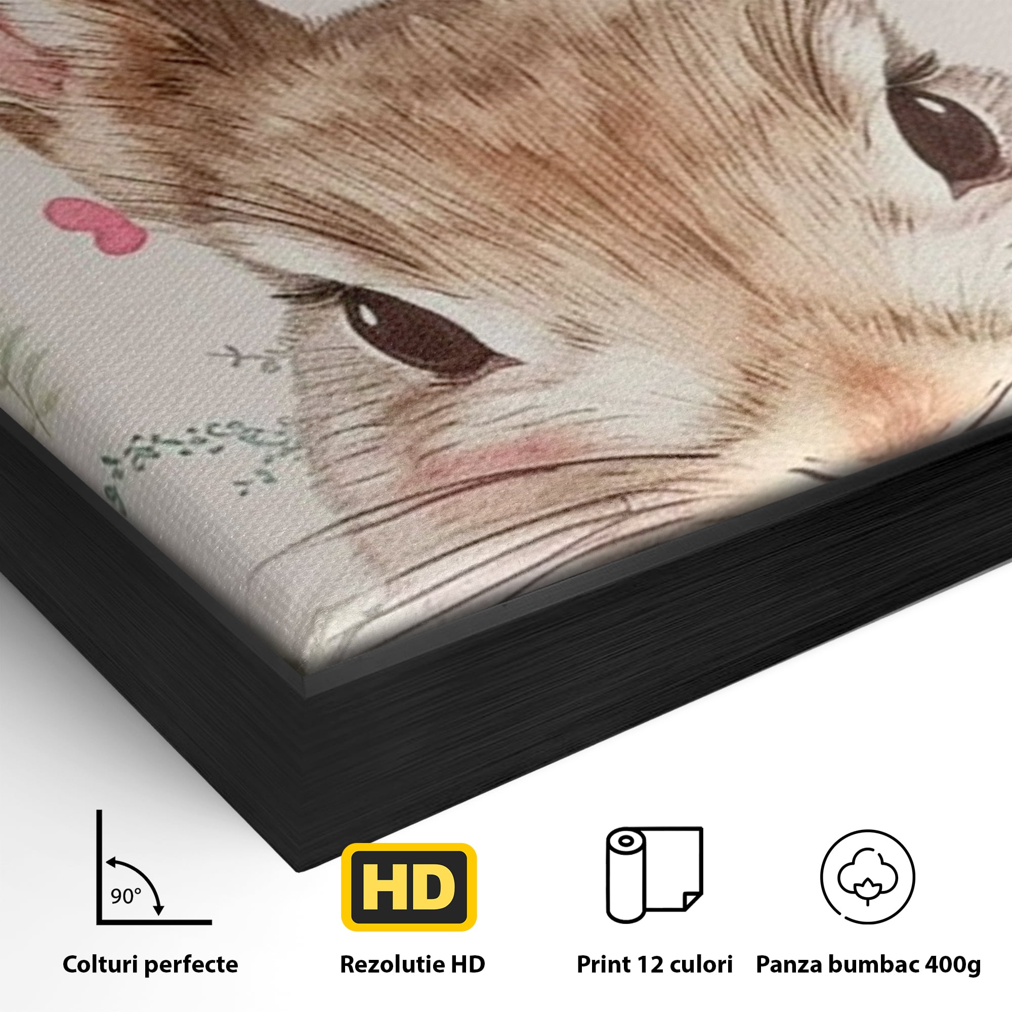 Detaliu al suprafetei: tablou canvas cu iepure dandy, in rama de aluminiu negru